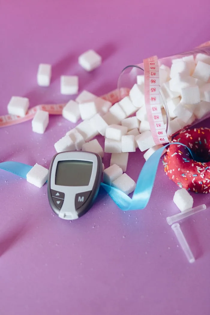 hero-img-01 Creative diabetes awareness concept with sugar cubes and glucometer on pink background.