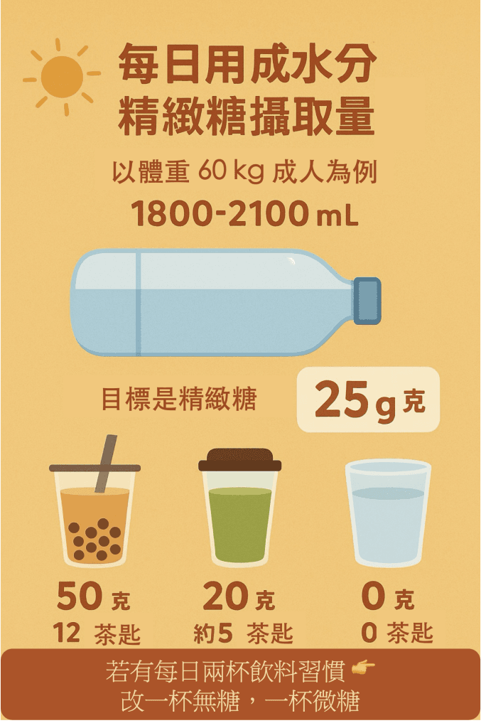 在市售飲料中如何依照每日水分攝取量，估算可以喝精緻糖的量